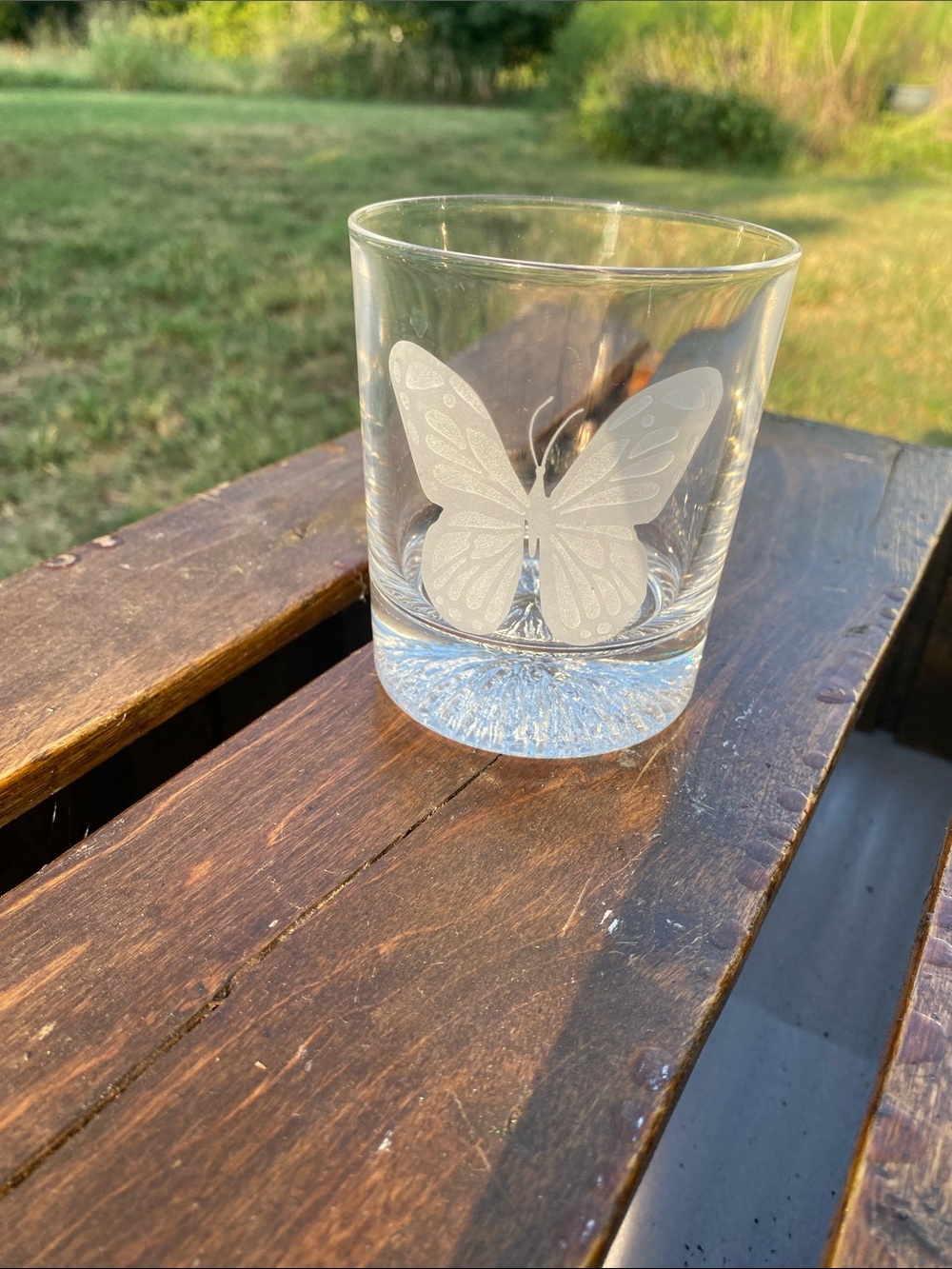 Vintage Neiman Marcus Etched White Butterfly Design Clear Crystal Rocks Tumbler